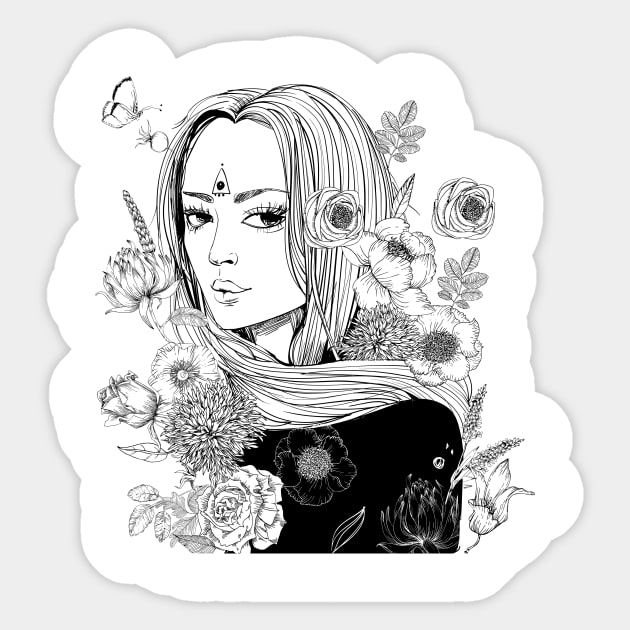 Floral Girl Line Art. Flowers Art, Black and White Girl Art Sticker by EquilibriumArt